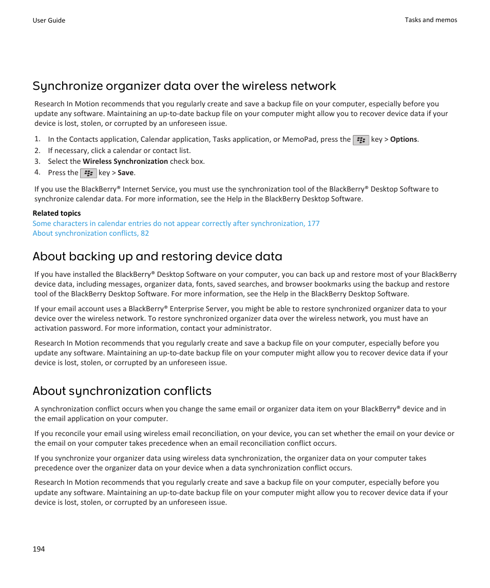About backing up and restoring device data, About synchronization conflicts | Blackberry PEARL 9105 User Manual | Page 196 / 325