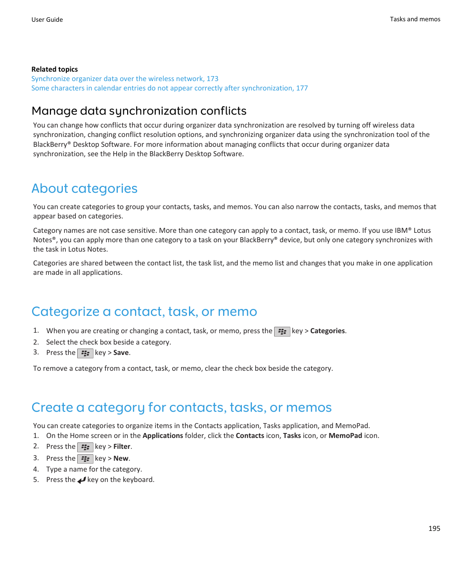 About categories, Categorize a contact, task, or memo, Create a category for contacts, tasks, or memos | Manage data synchronization conflicts | Blackberry PEARL 9105 User Manual | Page 197 / 325