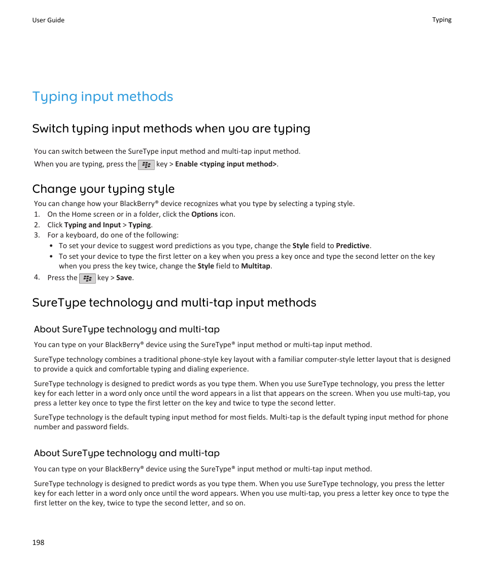 Typing input methods, Switch typing input methods when you are typing, Change your typing style | Suretype technology and multi-tap input methods | Blackberry PEARL 9105 User Manual | Page 200 / 325