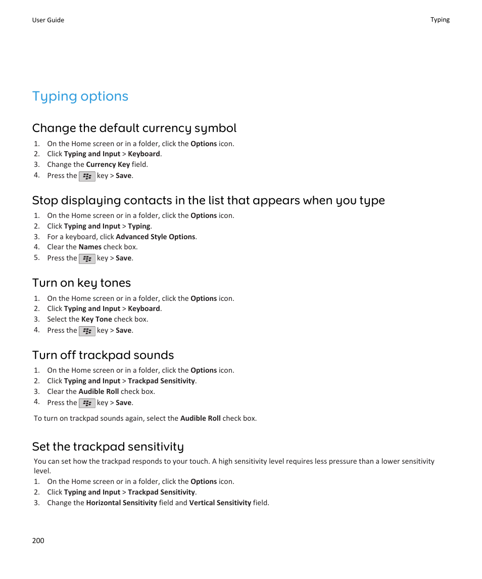 Typing options, Change the default currency symbol, Turn on key tones | Turn off trackpad sounds, Set the trackpad sensitivity | Blackberry PEARL 9105 User Manual | Page 202 / 325