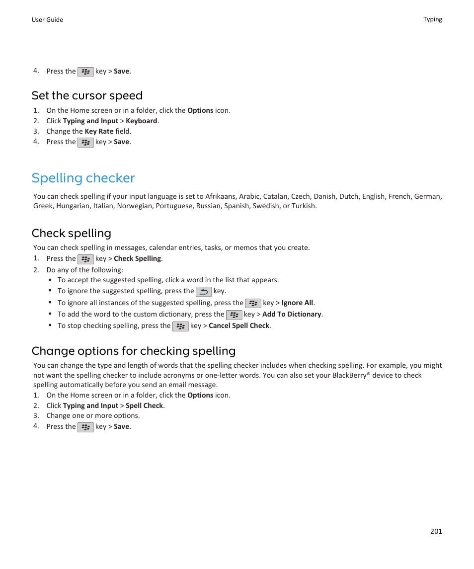 Spelling checker, Set the cursor speed, Check spelling | Change options for checking spelling | Blackberry PEARL 9105 User Manual | Page 203 / 325