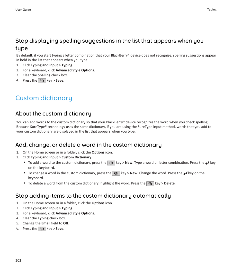 Custom dictionary, About the custom dictionary | Blackberry PEARL 9105 User Manual | Page 204 / 325