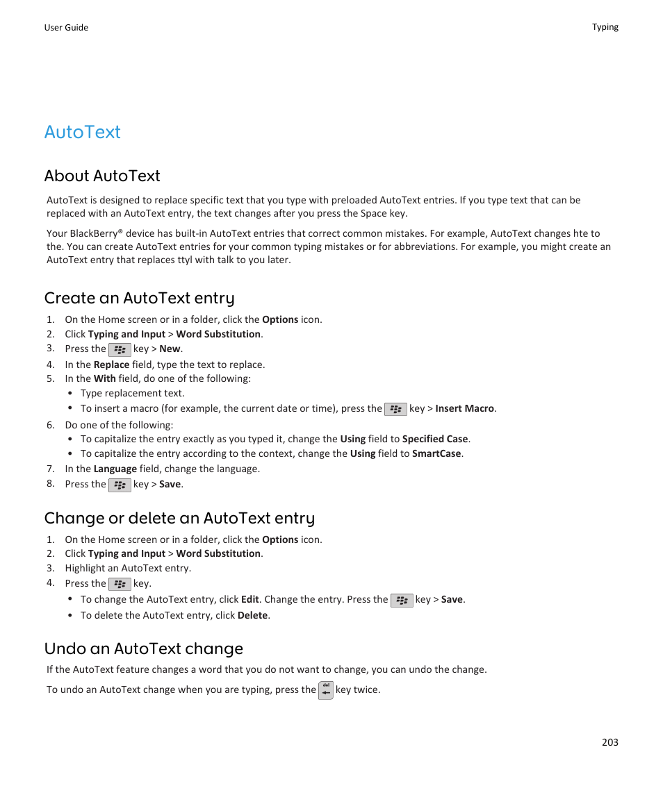 Autotext, About autotext, Create an autotext entry | Change or delete an autotext entry, Undo an autotext change | Blackberry PEARL 9105 User Manual | Page 205 / 325