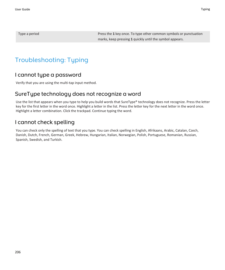 Troubleshooting: typing, I cannot type a password, Suretype technology does not recognize a word | I cannot check spelling | Blackberry PEARL 9105 User Manual | Page 208 / 325