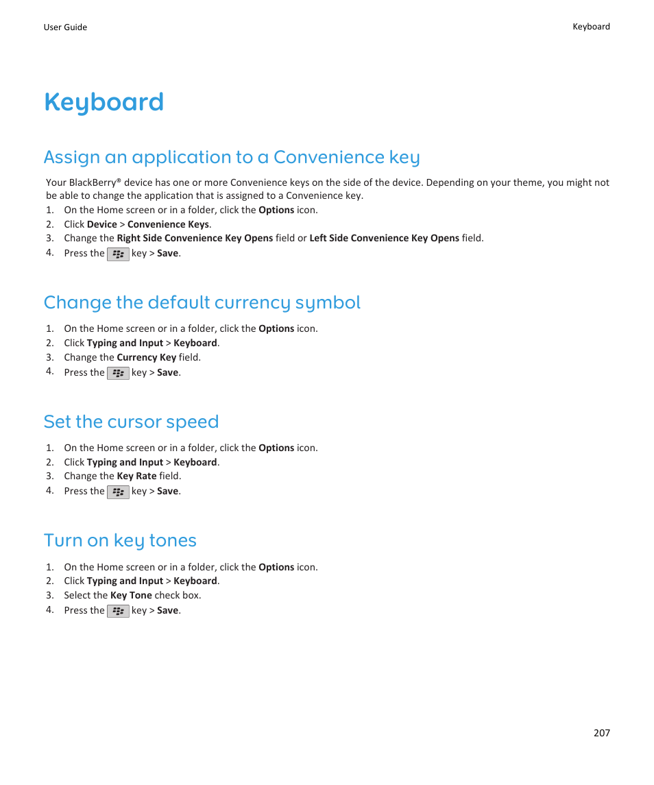 Keyboard, Assign an application to a convenience key, Change the default currency symbol | Set the cursor speed, Turn on key tones | Blackberry PEARL 9105 User Manual | Page 209 / 325