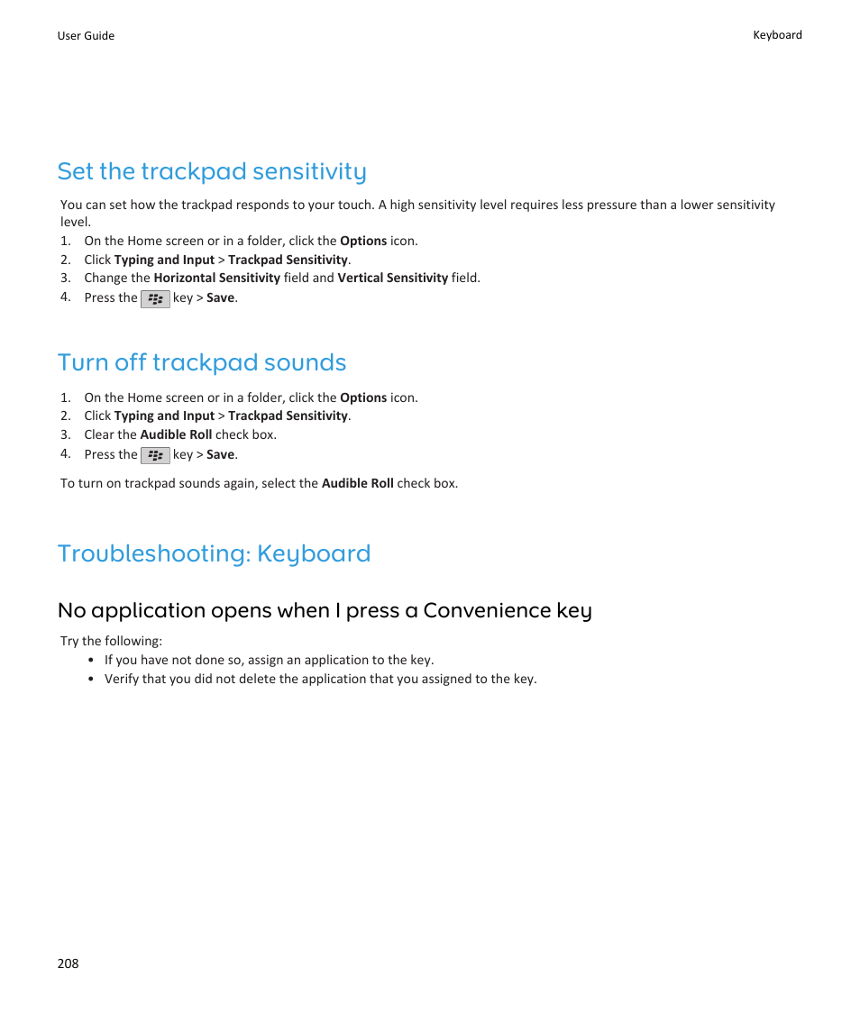 Set the trackpad sensitivity, Turn off trackpad sounds, Troubleshooting: keyboard | Blackberry PEARL 9105 User Manual | Page 210 / 325