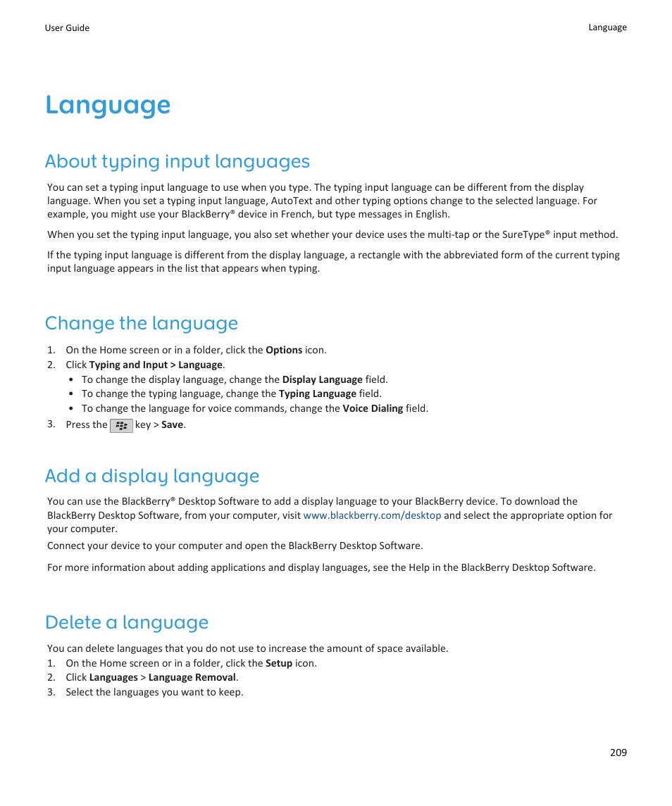 Language, About typing input languages, Change the language | Add a display language, Delete a language | Blackberry PEARL 9105 User Manual | Page 211 / 325