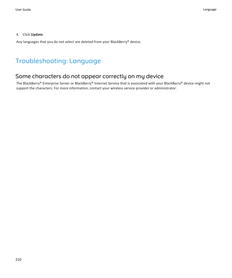 Troubleshooting: language | Blackberry PEARL 9105 User Manual | Page 212 / 325