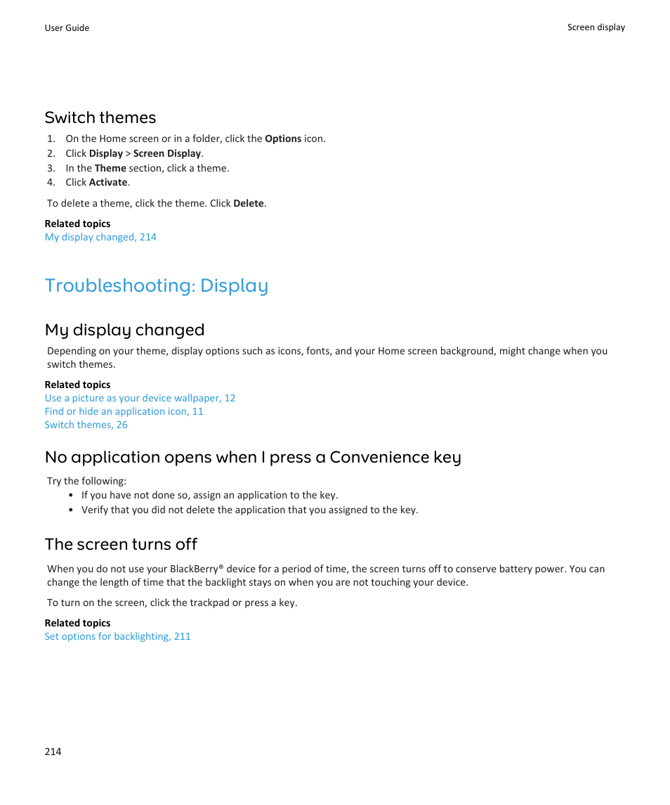 Troubleshooting: display, Switch themes, My display changed | The screen turns off | Blackberry PEARL 9105 User Manual | Page 216 / 325