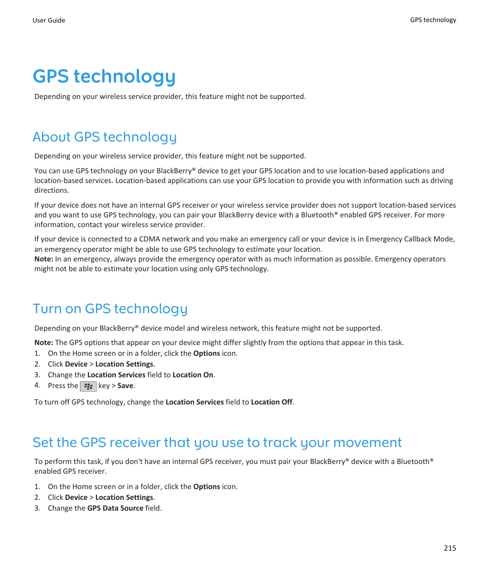 Gps technology, About gps technology, Turn on gps technology | Blackberry PEARL 9105 User Manual | Page 217 / 325