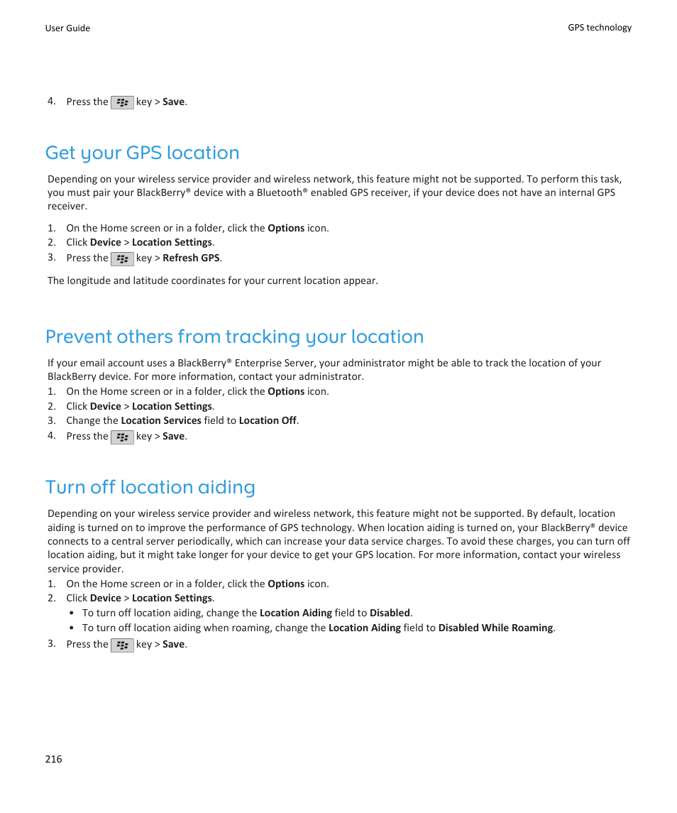 Get your gps location, Prevent others from tracking your location, Turn off location aiding | Blackberry PEARL 9105 User Manual | Page 218 / 325