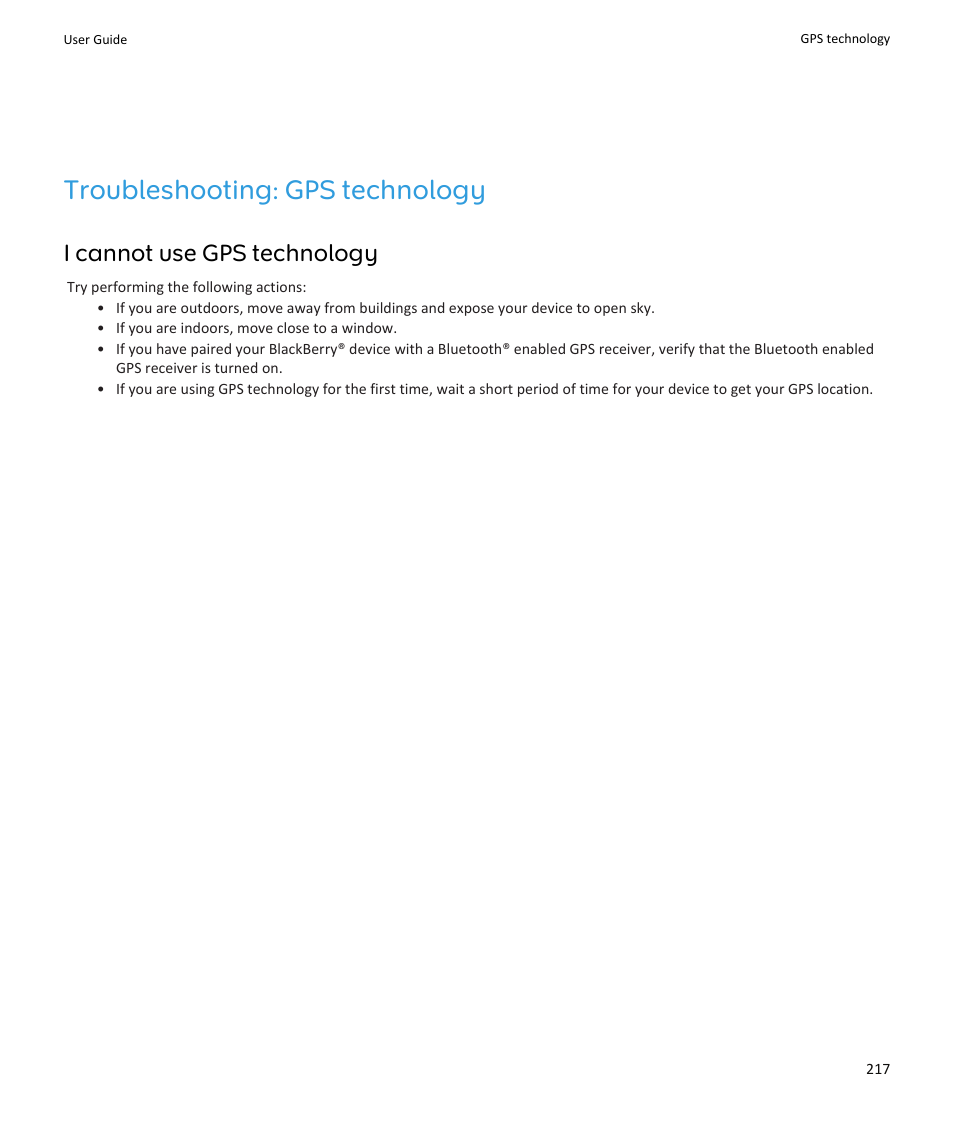 Troubleshooting: gps technology, I cannot use gps technology | Blackberry PEARL 9105 User Manual | Page 219 / 325