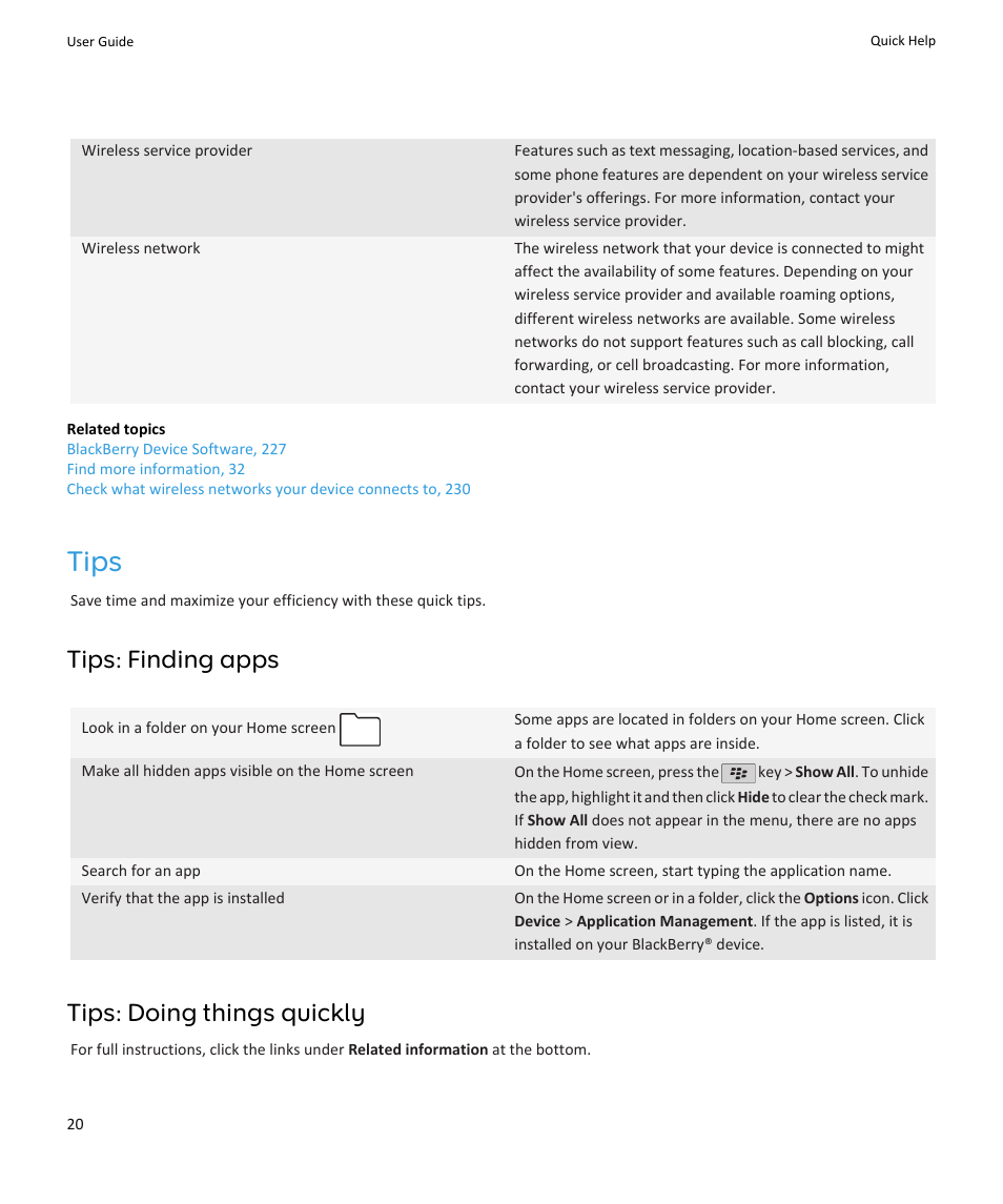 Tips, Tips: finding apps, Tips: doing things quickly | Blackberry PEARL 9105 User Manual | Page 22 / 325