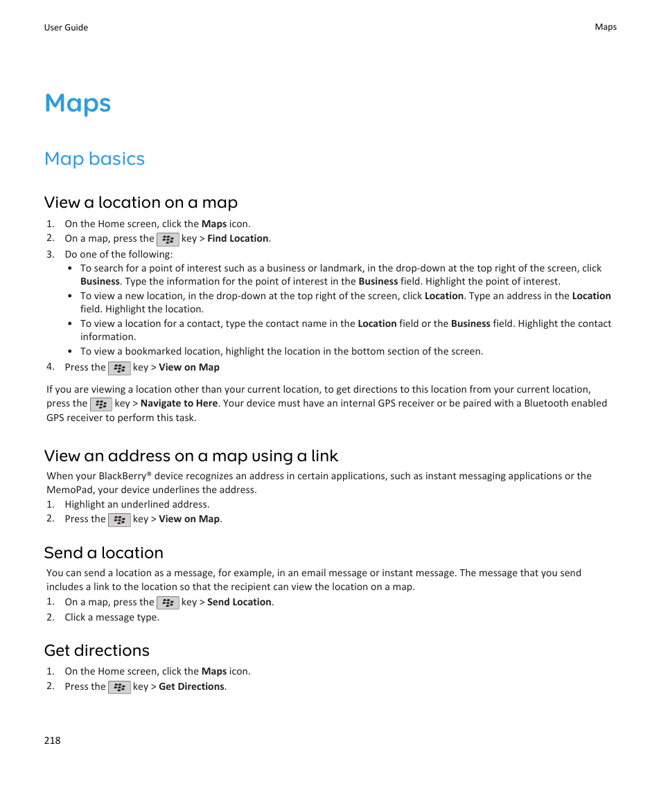 Maps, Map basics, View a location on a map | View an address on a map using a link, Send a location, Get directions | Blackberry PEARL 9105 User Manual | Page 220 / 325