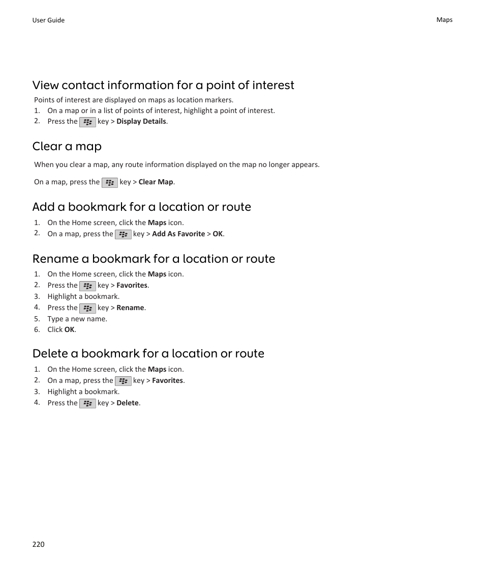 View contact information for a point of interest, Clear a map, Add a bookmark for a location or route | Rename a bookmark for a location or route, Delete a bookmark for a location or route | Blackberry PEARL 9105 User Manual | Page 222 / 325