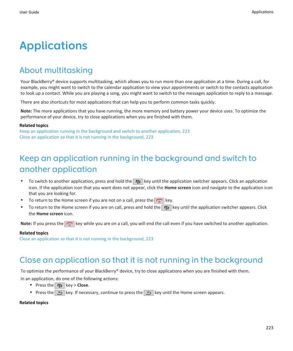 Applications, About multitasking | Blackberry PEARL 9105 User Manual | Page 225 / 325