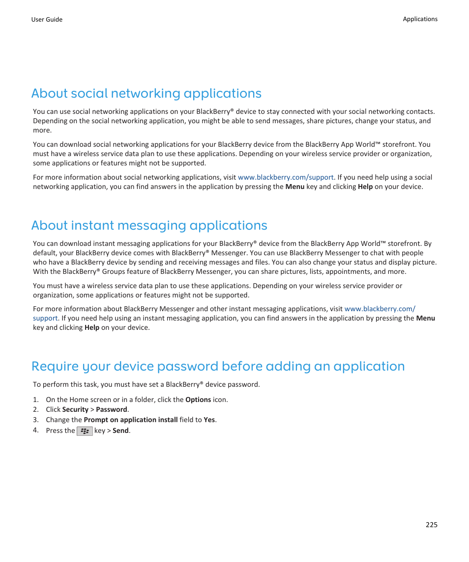 About social networking applications, About instant messaging applications | Blackberry PEARL 9105 User Manual | Page 227 / 325