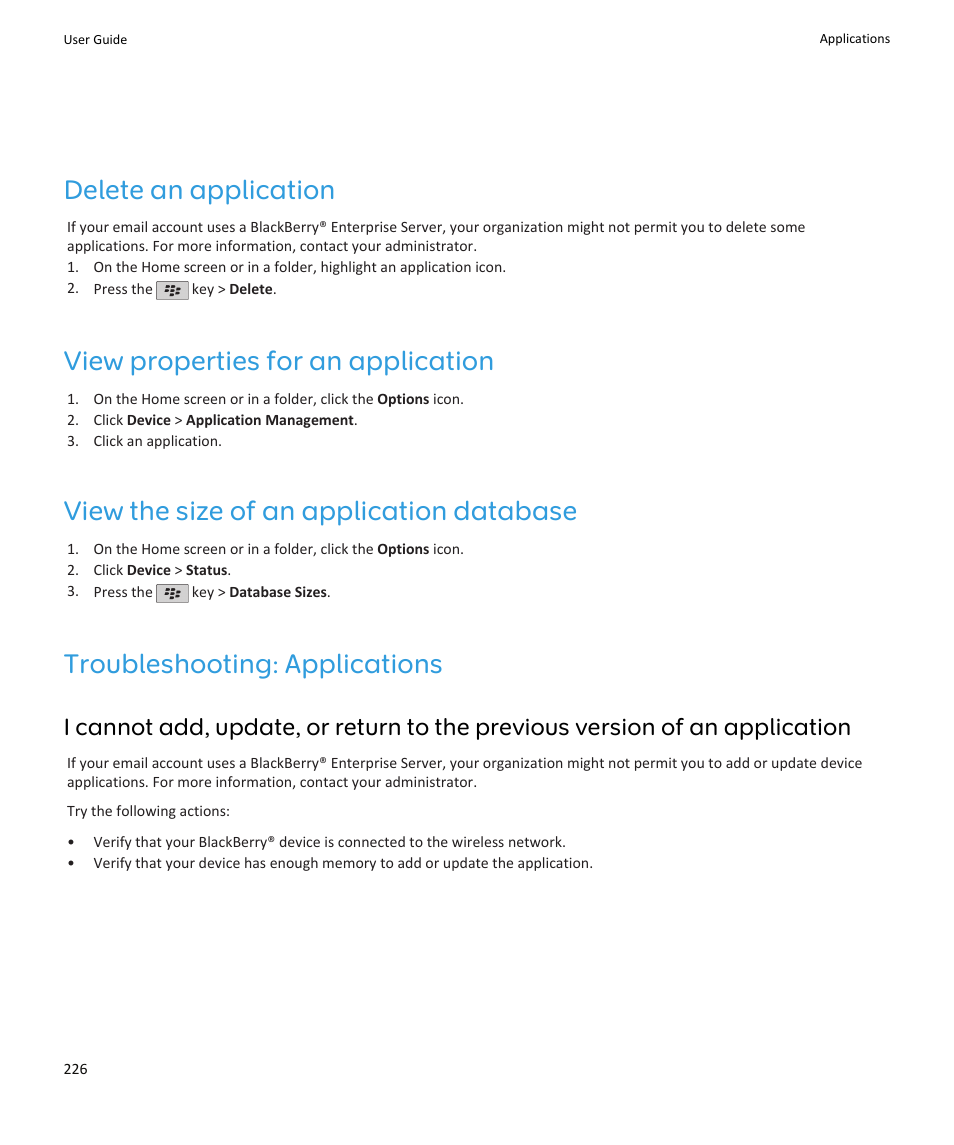 Delete an application, View properties for an application, View the size of an application database | Troubleshooting: applications | Blackberry PEARL 9105 User Manual | Page 228 / 325