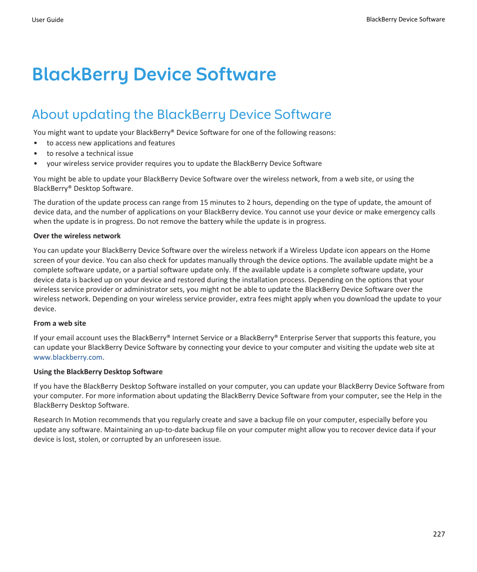 Blackberry device software, About updating the blackberry device software | Blackberry PEARL 9105 User Manual | Page 229 / 325