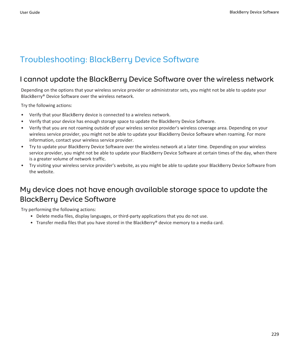 Troubleshooting: blackberry device software | Blackberry PEARL 9105 User Manual | Page 231 / 325