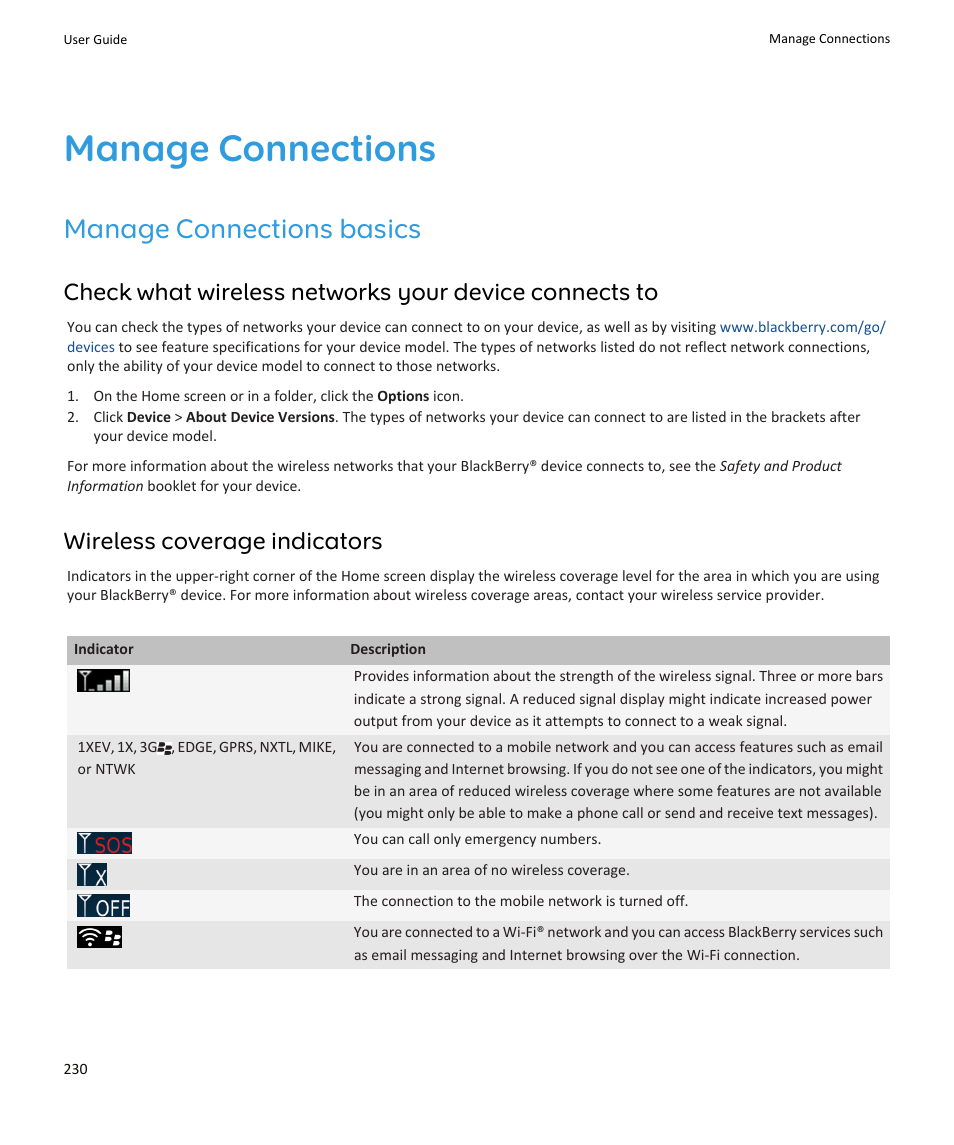 Manage connections, Manage connections basics, Wireless coverage indicators, 230 | Wireless coverage indicators | Blackberry PEARL 9105 User Manual | Page 232 / 325