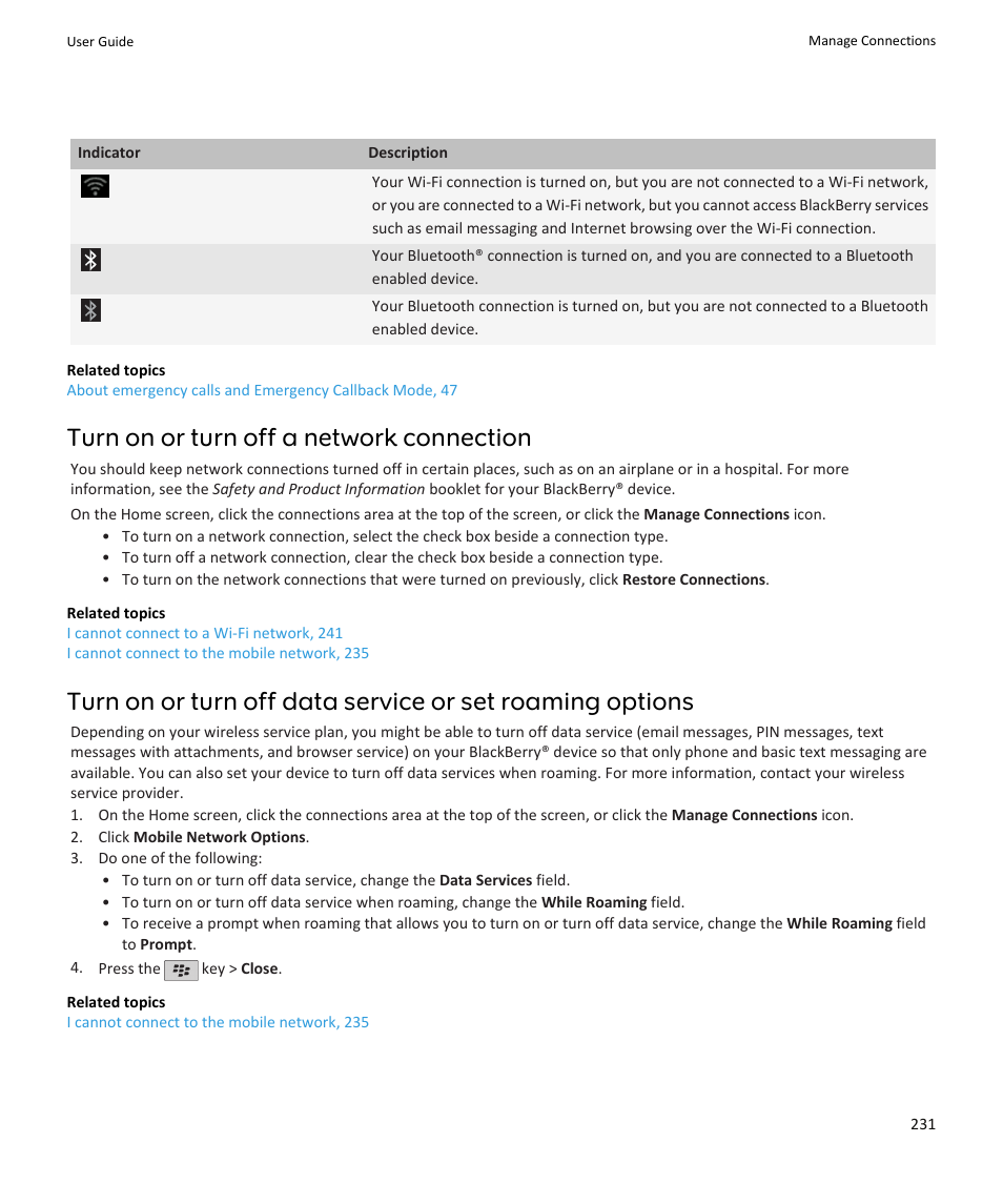 Turn on or turn off a network connection, 231, Turn on or turn off a network connection | Blackberry PEARL 9105 User Manual | Page 233 / 325