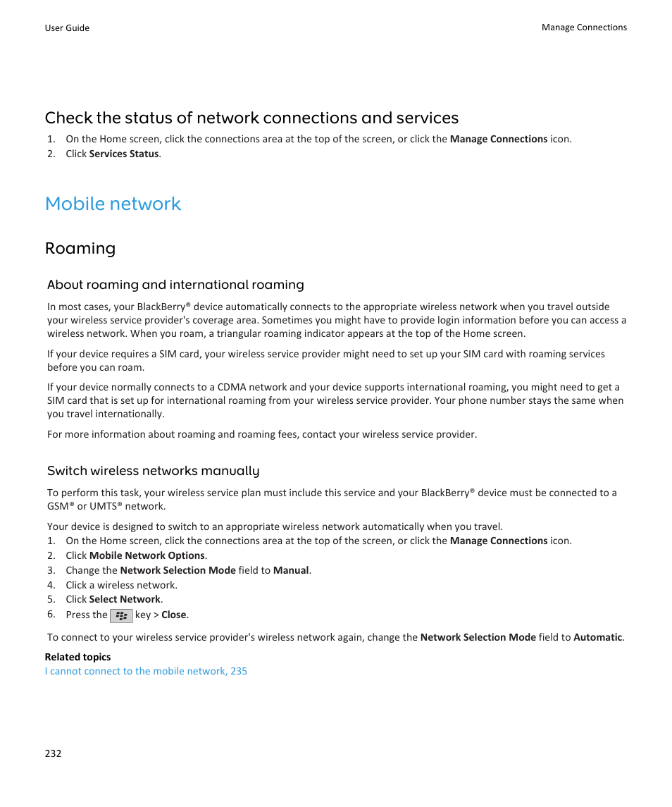 Mobile network, Roaming | Blackberry PEARL 9105 User Manual | Page 234 / 325