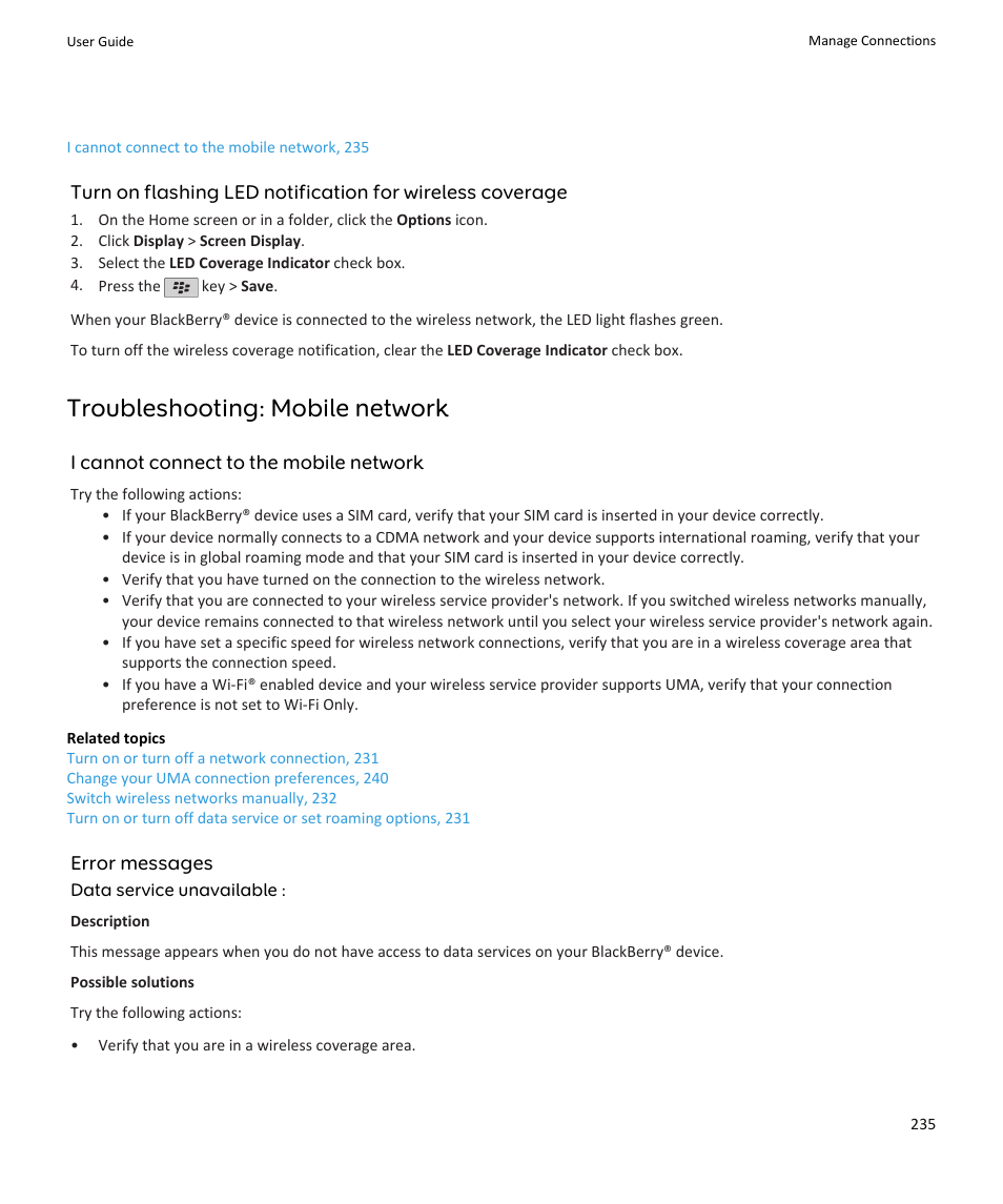 I cannot connect to the mobile network, 235, Troubleshooting: mobile network | Blackberry PEARL 9105 User Manual | Page 237 / 325