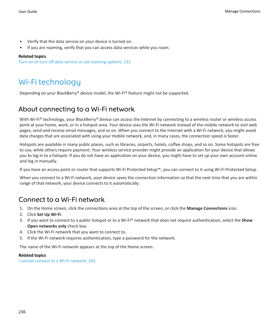 Wi-fi technology, About connecting to a wi-fi network, Connect to a wi-fi network | Blackberry PEARL 9105 User Manual | Page 238 / 325