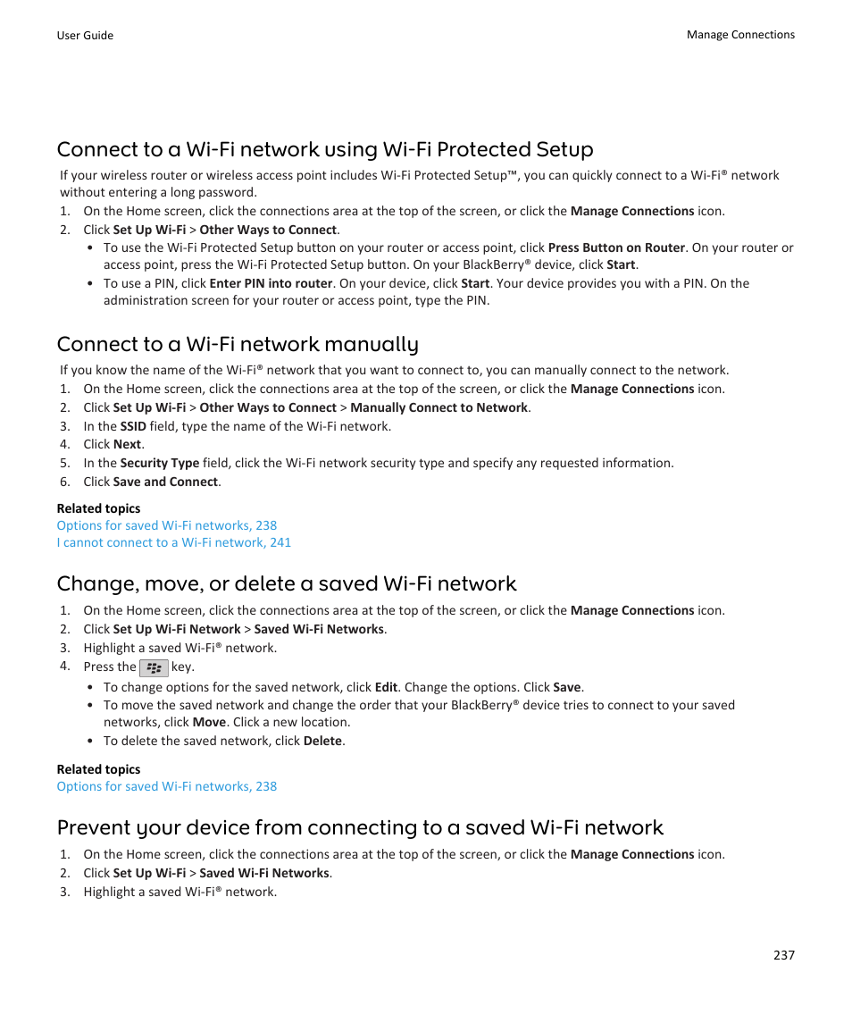 Connect to a wi-fi network manually, Change, move, or delete a saved wi-fi network | Blackberry PEARL 9105 User Manual | Page 239 / 325