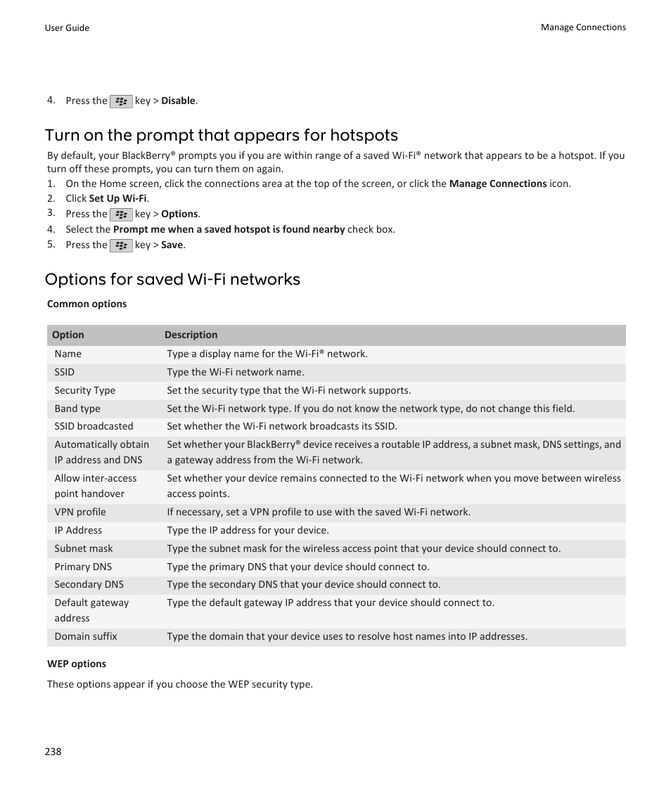 Turn on the prompt that appears for hotspots, Options for saved wi-fi networks | Blackberry PEARL 9105 User Manual | Page 240 / 325