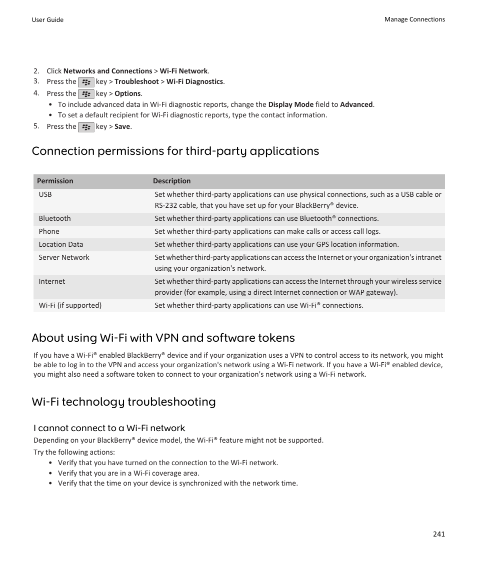 I cannot connect to a wi-fi network, 241, About using wi-fi with vpn and software tokens, Wi-fi technology troubleshooting | Blackberry PEARL 9105 User Manual | Page 243 / 325