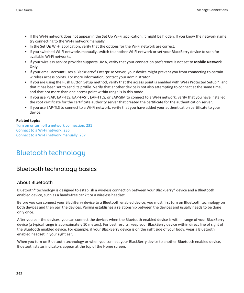 Bluetooth technology, Bluetooth technology basics | Blackberry PEARL 9105 User Manual | Page 244 / 325