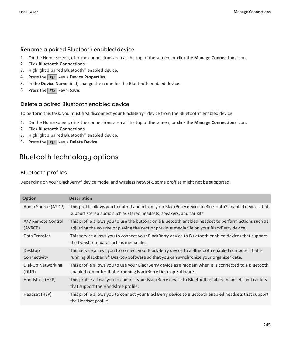 Bluetooth technology options | Blackberry PEARL 9105 User Manual | Page 247 / 325
