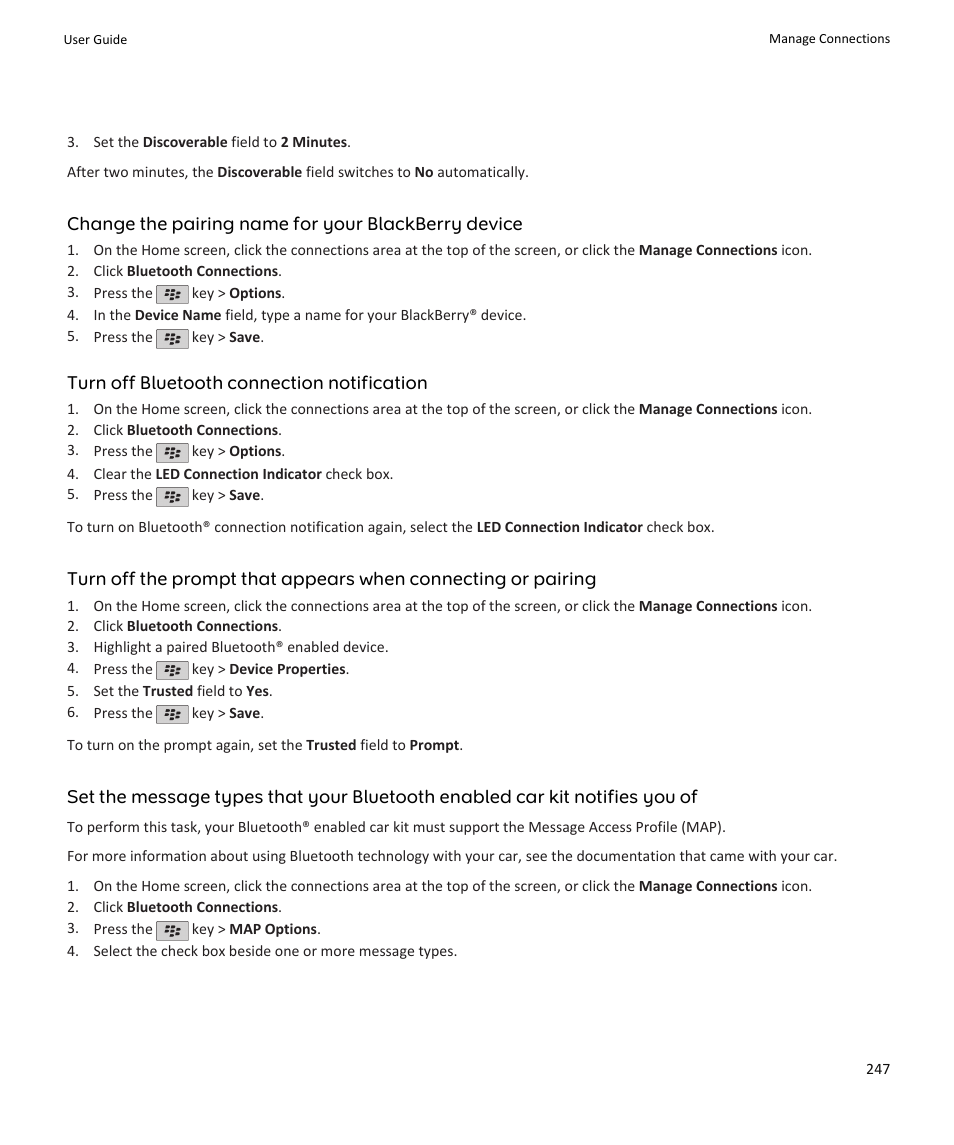 Change the pairing name for your blackberry device, Turn off bluetooth connection notification | Blackberry PEARL 9105 User Manual | Page 249 / 325