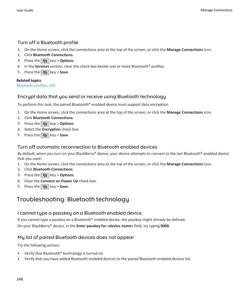 Troubleshooting: bluetooth technology | Blackberry PEARL 9105 User Manual | Page 250 / 325