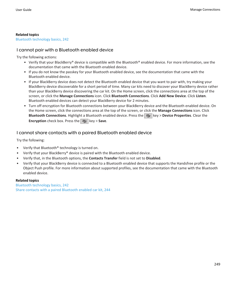 I cannot pair with a bluetooth enabled device, 249, I cannot pair with a bluetooth enabled device | Blackberry PEARL 9105 User Manual | Page 251 / 325