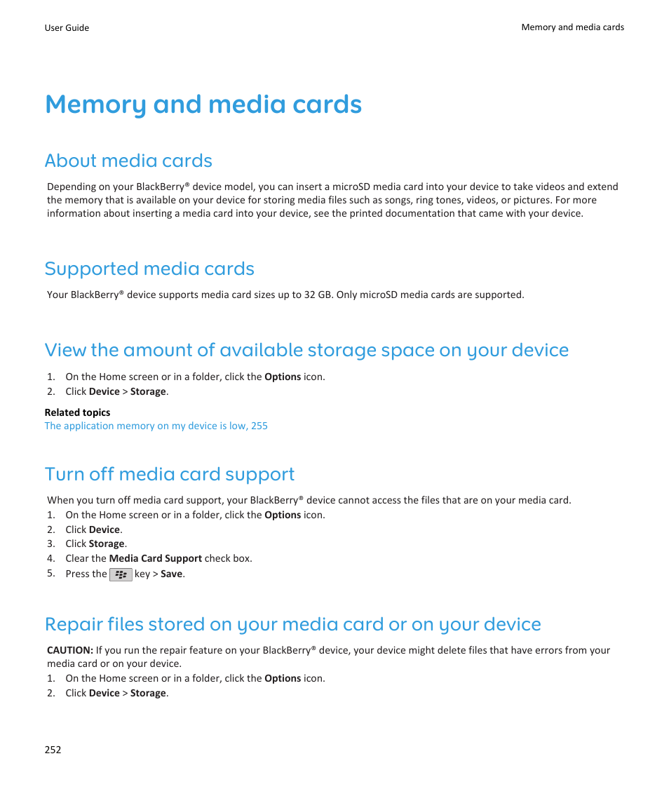 Memory and media cards, About media cards, Supported media cards | Turn off media card support | Blackberry PEARL 9105 User Manual | Page 254 / 325