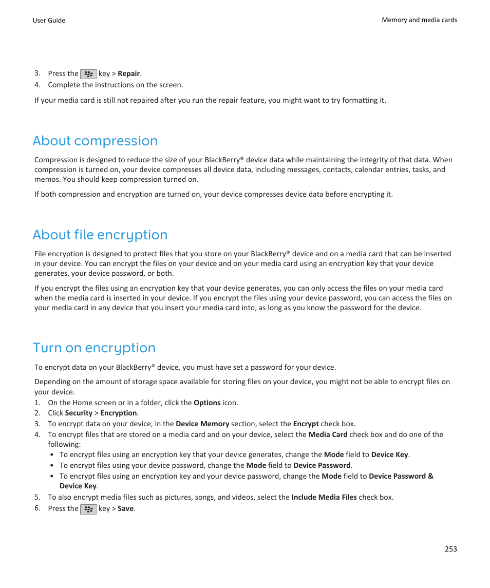 About compression, About file encryption, Turn on encryption | Blackberry PEARL 9105 User Manual | Page 255 / 325