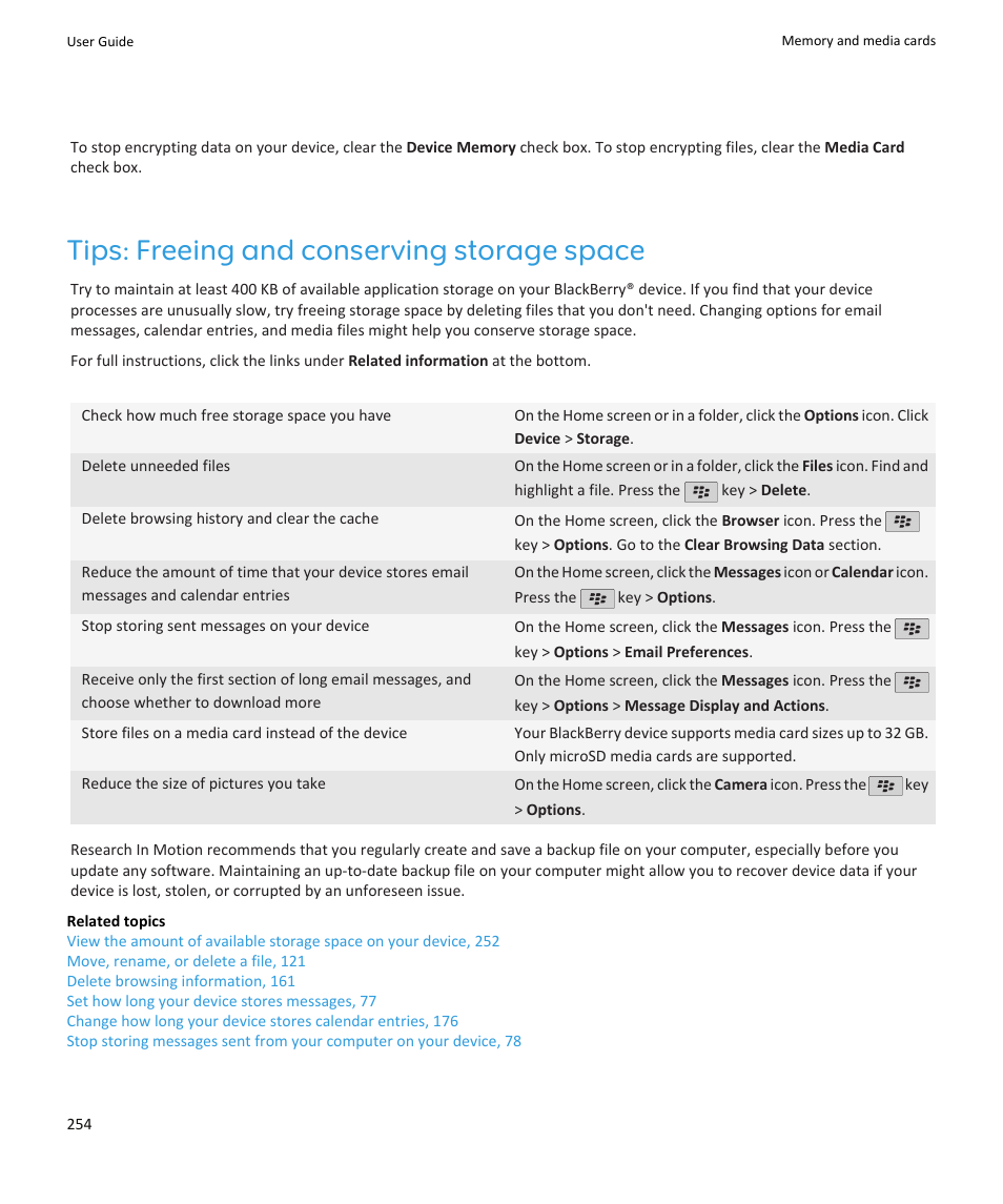 Tips: freeing and conserving storage space | Blackberry PEARL 9105 User Manual | Page 256 / 325
