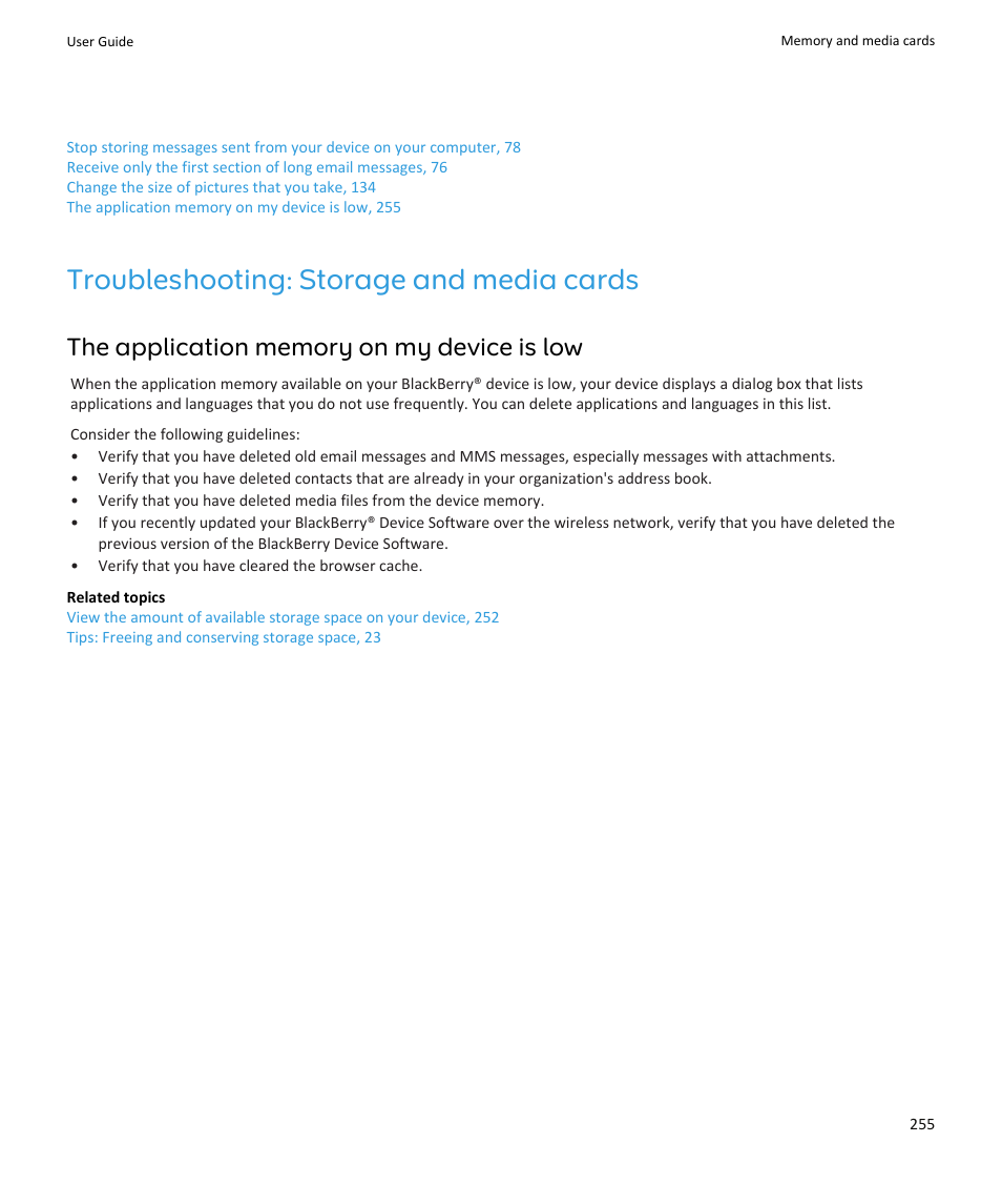 Troubleshooting: storage and media cards, The application memory on my device is low, 255 | Blackberry PEARL 9105 User Manual | Page 257 / 325
