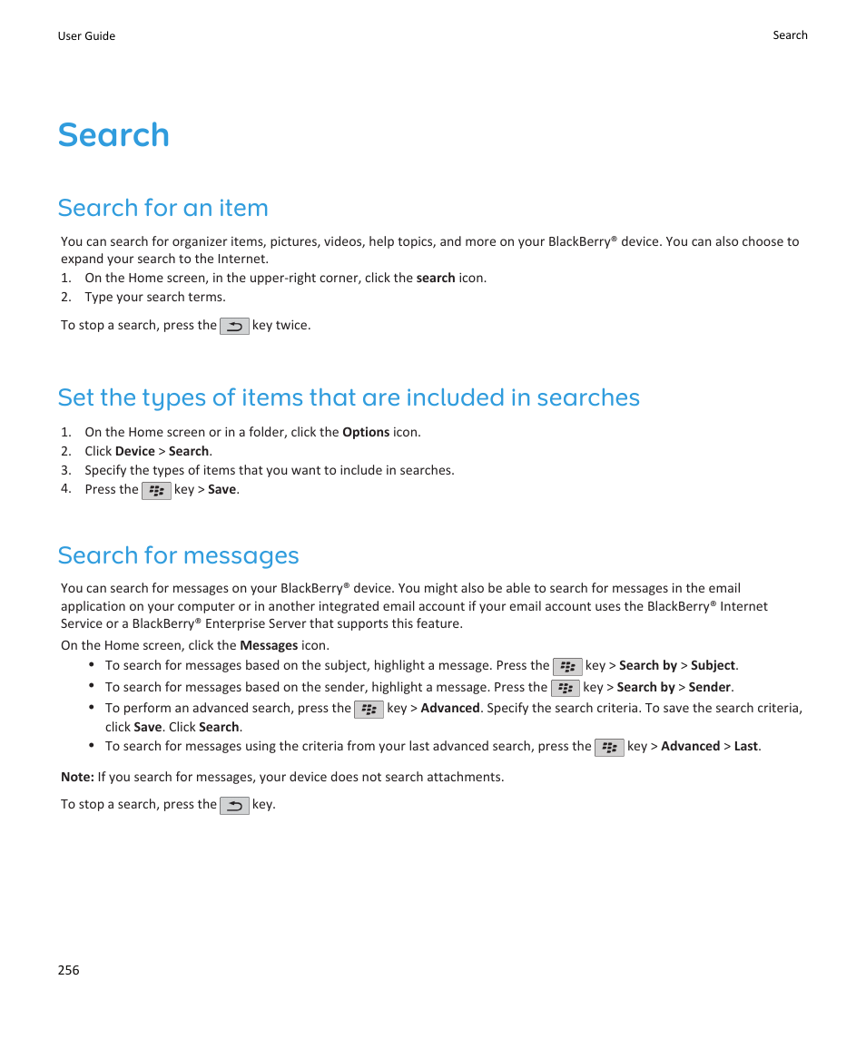 Search, Search for an item, Search for messages | Blackberry PEARL 9105 User Manual | Page 258 / 325