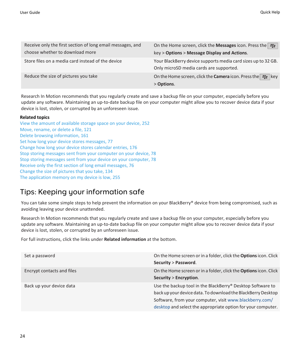 Tips: keeping your information safe | Blackberry PEARL 9105 User Manual | Page 26 / 325