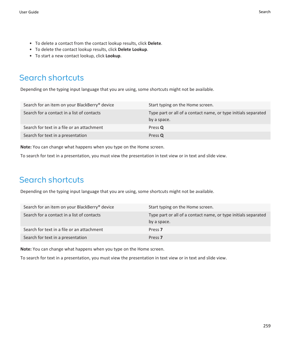 Search shortcuts | Blackberry PEARL 9105 User Manual | Page 261 / 325