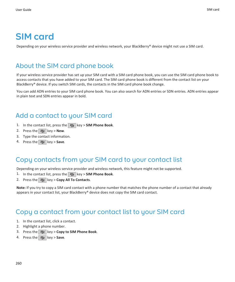 Sim card, About the sim card phone book, Add a contact to your sim card | Blackberry PEARL 9105 User Manual | Page 262 / 325