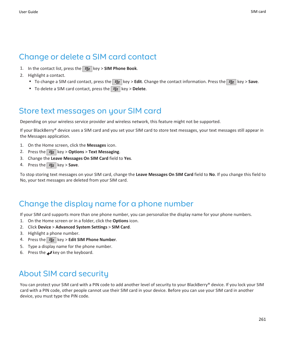 Change or delete a sim card contact, Store text messages on your sim card, Change the display name for a phone number | About sim card security | Blackberry PEARL 9105 User Manual | Page 263 / 325