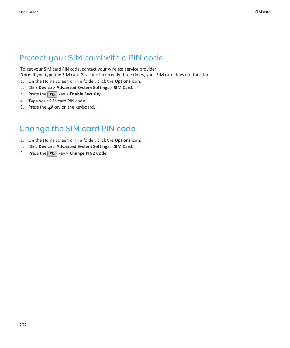 Protect your sim card with a pin code, Change the sim card pin code | Blackberry PEARL 9105 User Manual | Page 264 / 325