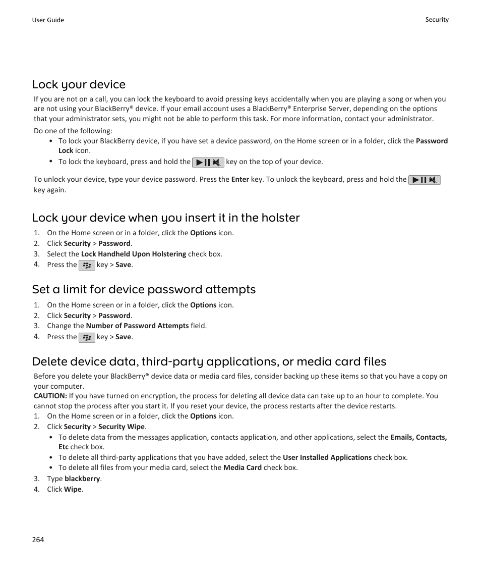 Lock your device, Lock your device when you insert it in the holster, Set a limit for device password attempts | Blackberry PEARL 9105 User Manual | Page 266 / 325
