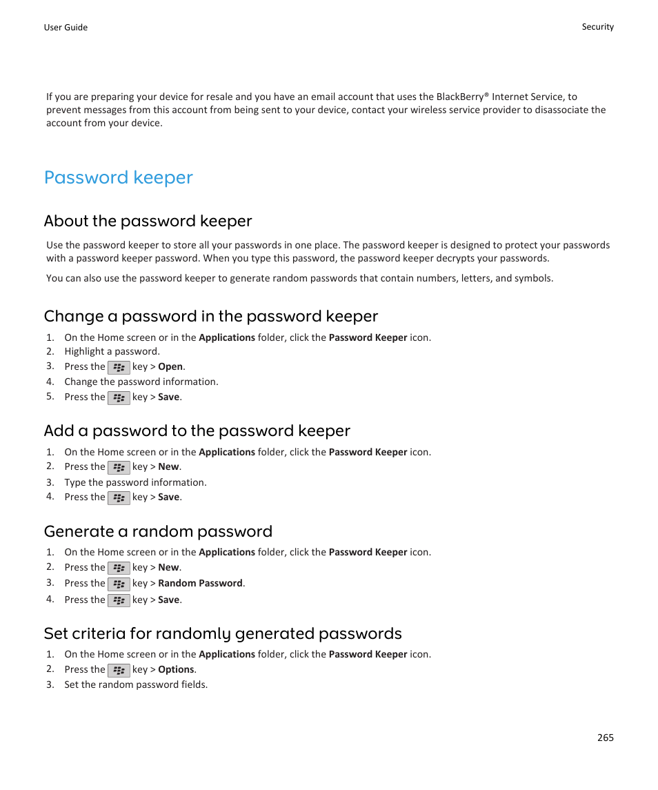 Password keeper, About the password keeper, Change a password in the password keeper | Add a password to the password keeper, Generate a random password, Set criteria for randomly generated passwords | Blackberry PEARL 9105 User Manual | Page 267 / 325