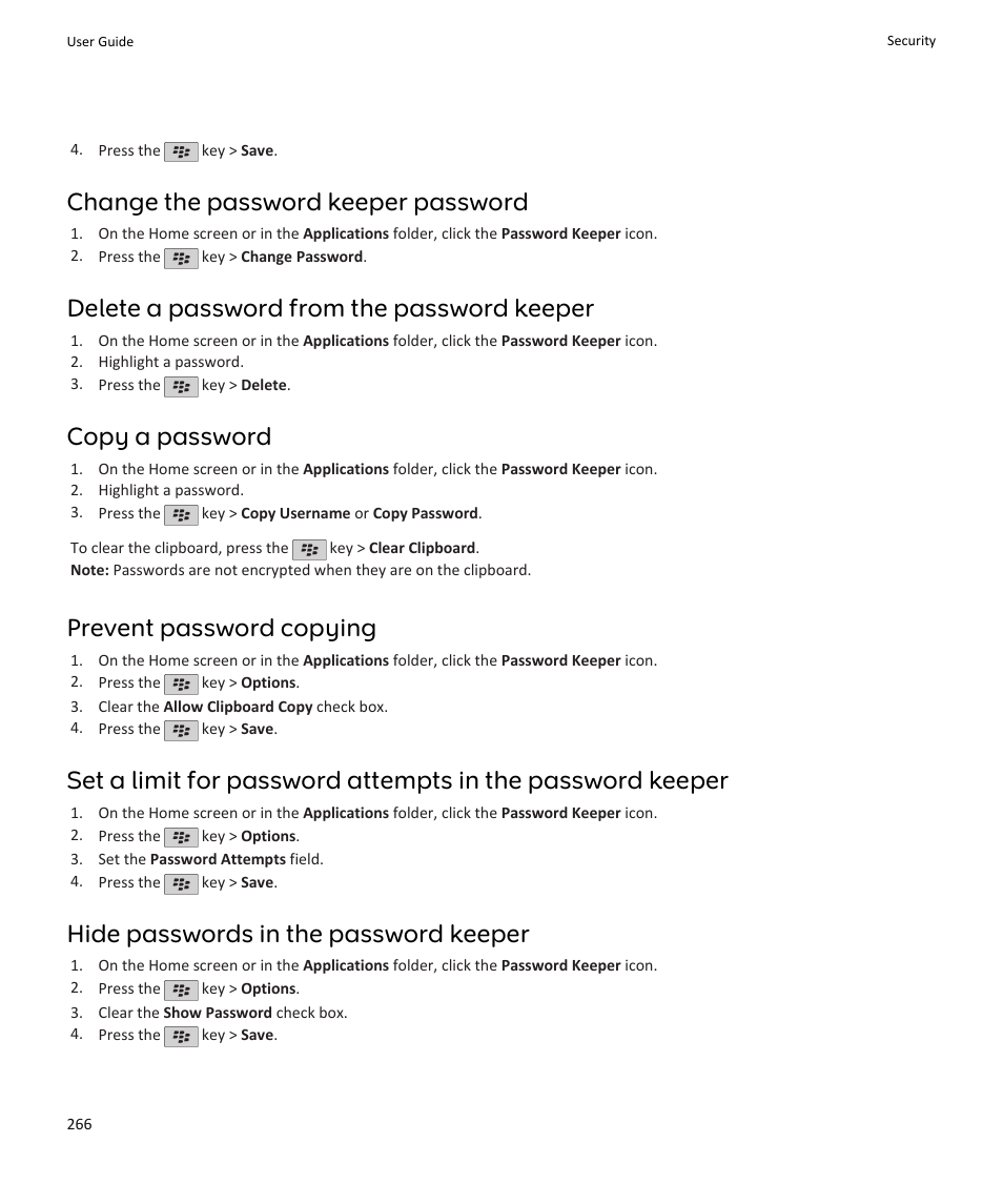 Change the password keeper password, Delete a password from the password keeper, Copy a password | Prevent password copying, Hide passwords in the password keeper | Blackberry PEARL 9105 User Manual | Page 268 / 325